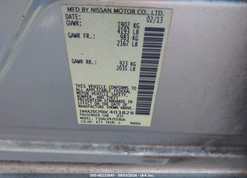 2013 NISSAN LEAF VIN: 1N4AZ0CP0DC403828