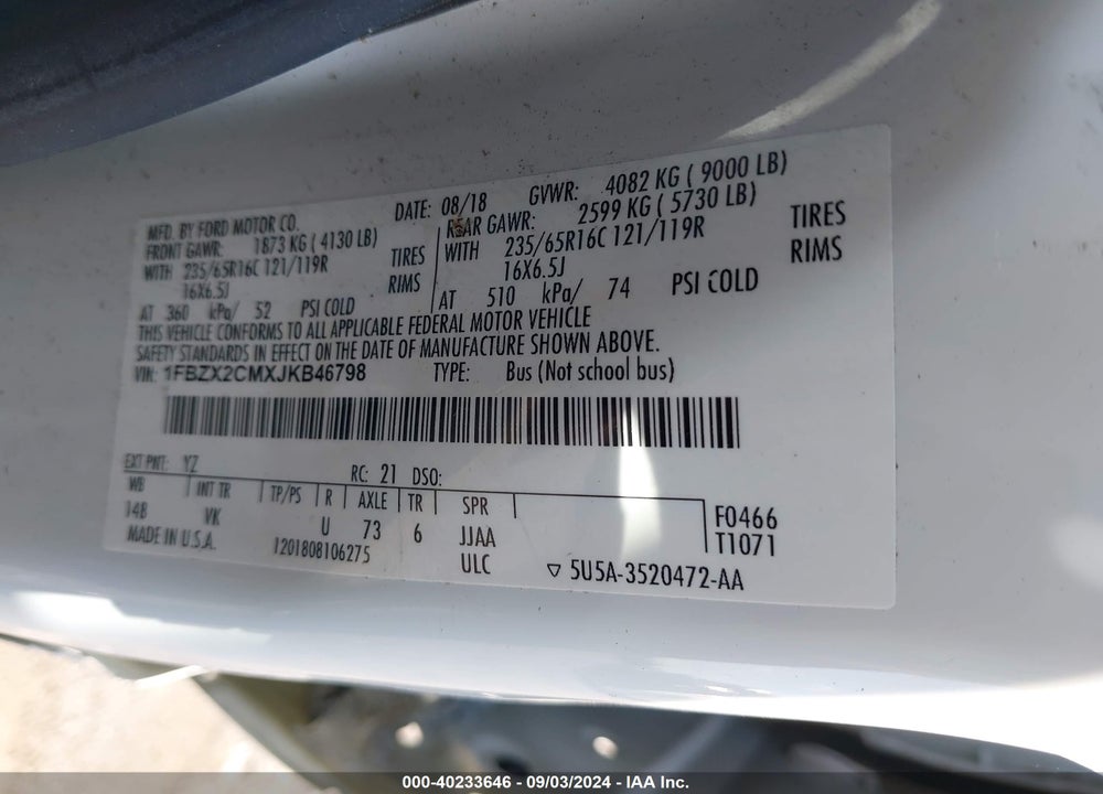 2018 FORD TRANSIT-350 XL VIN: 1FBZX2CMXJKB46798
