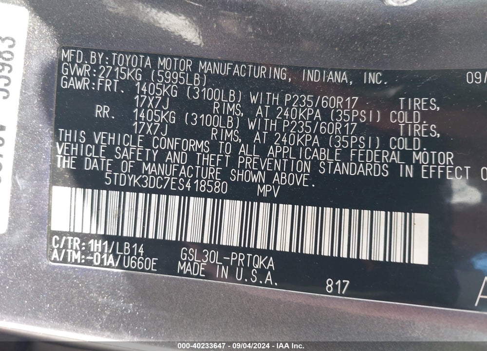 2014 TOYOTA SIENNA XLE V6 8 PASSENGER VIN: 5TDYK3DC7ES418580
