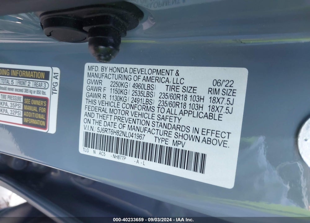 2022 HONDA CR-V HYBRID EX-L VIN: 5J6RT6H82NL041967