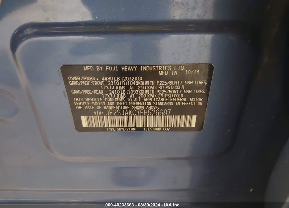 2015 SUBARU FORESTER 2.5I LIMITED VIN: JF2SJAKC7FH526687