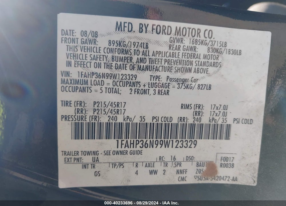 2009 FORD FOCUS SES VIN: 1FAHP36N99W123329