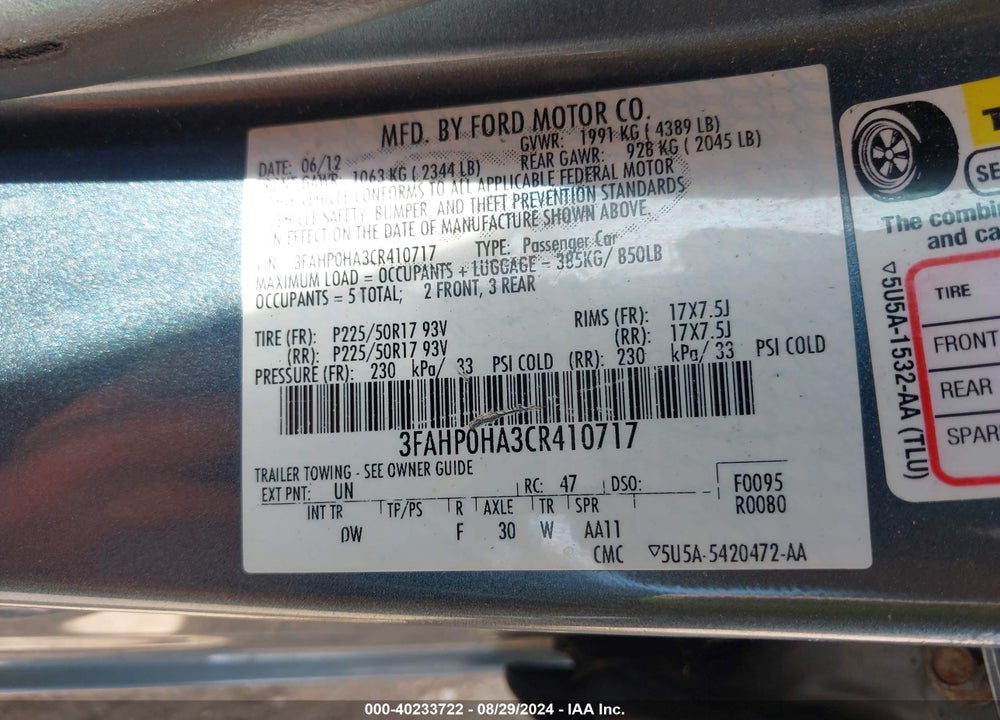 2012 FORD FUSION SE VIN: 3FAHP0HA3CR410717