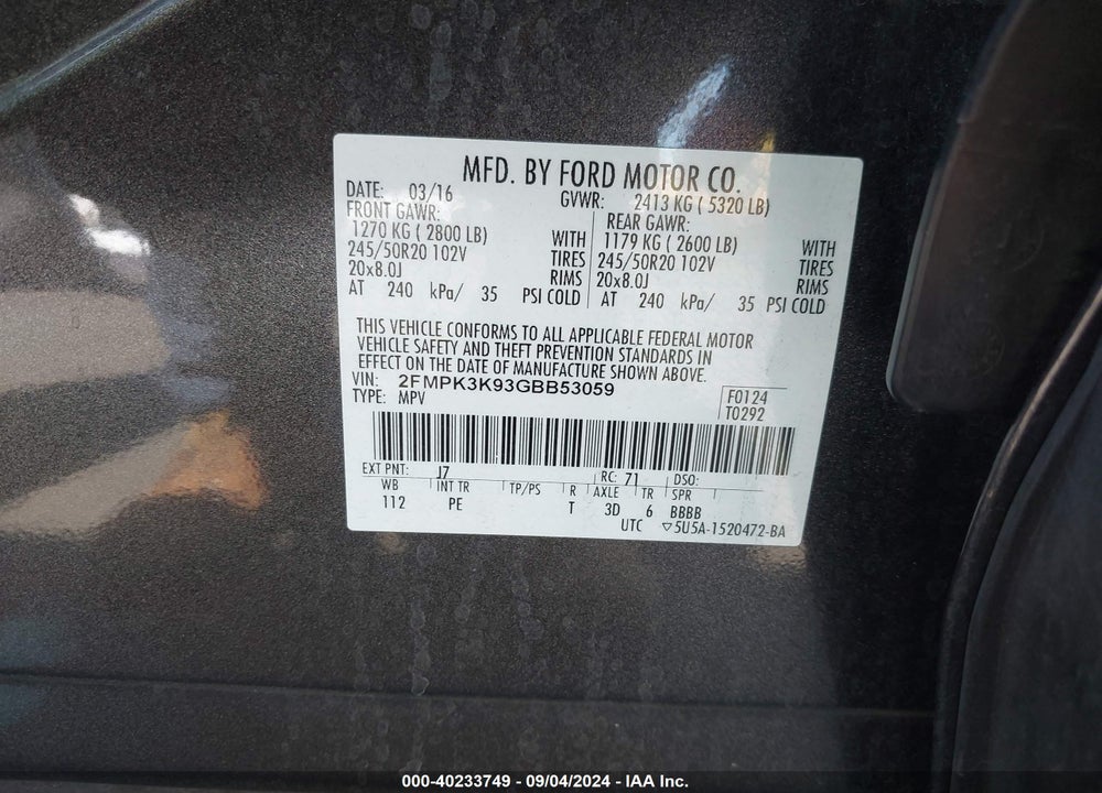 2016 FORD EDGE TITANIUM VIN: 2FMPK3K93GBB53059