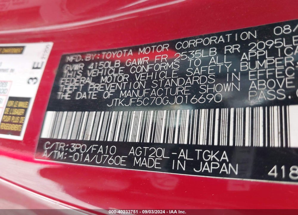 2016 SCION TC VIN: JTKJF5C70GJ016690