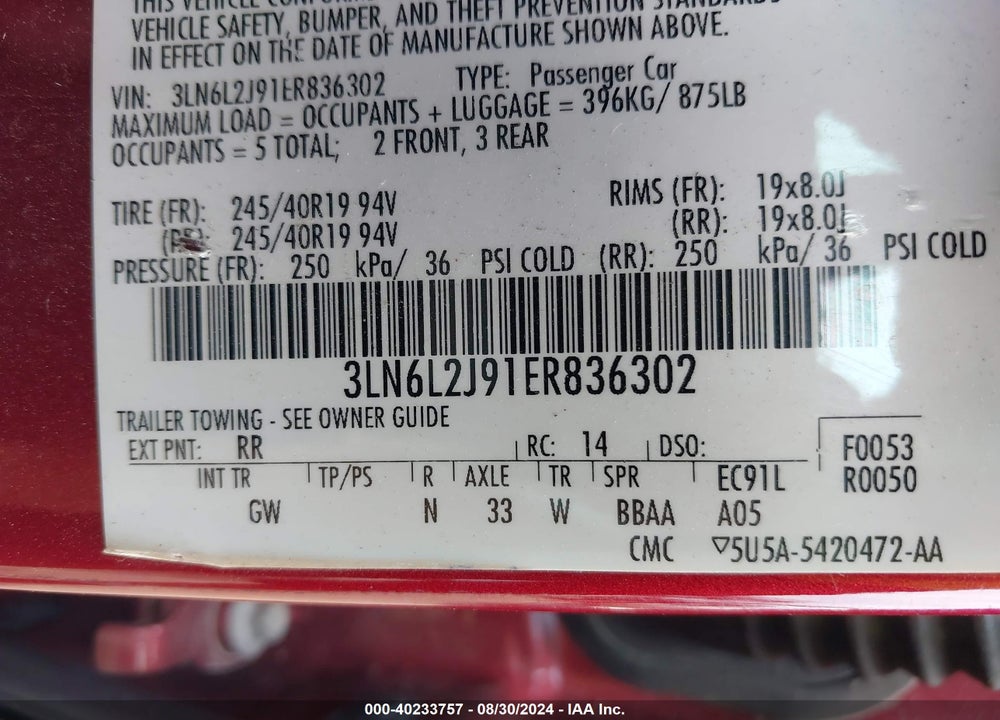 2014 LINCOLN MKZ VIN: 3LN6L2J91ER836302