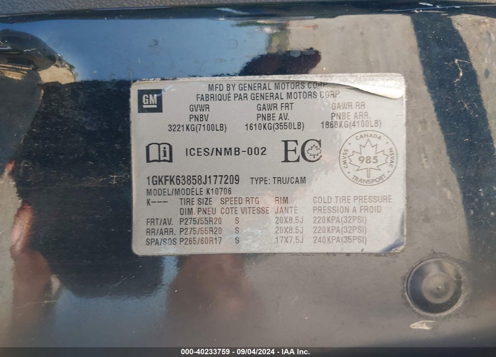 2008 GMC YUKON VIN: 1GKFK63858J177209