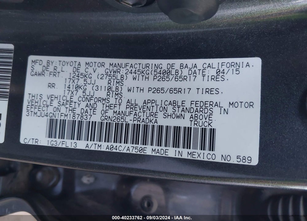 2015 TOYOTA TACOMA PRERUNNER V6 VIN: 3TMJU4GN1FM187837