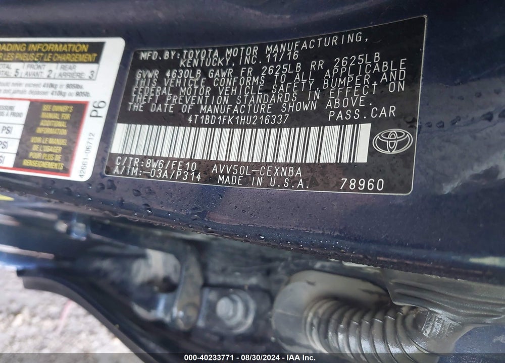 2017 TOYOTA CAMRY HYBRID LE VIN: 4T1BD1FK1HU216337