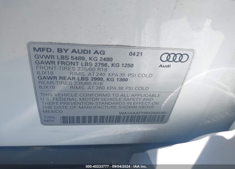 2021 AUDI Q5 PREMIUM 45 TFSI QUATTRO S TRONIC VIN: WA1AAAFY9M2095361