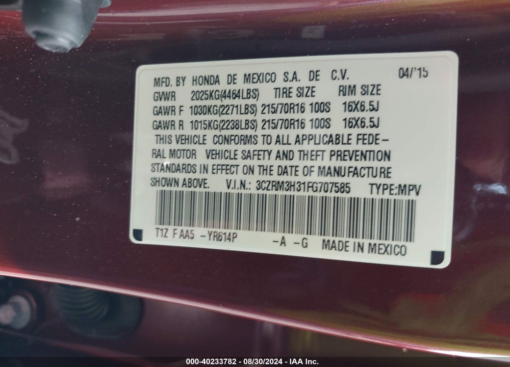 2015 HONDA CR-V LX VIN: 3CZRM3H31FG707585