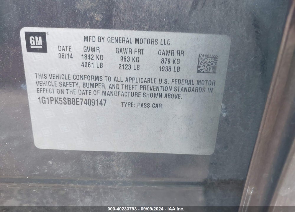 2014 CHEVROLET CRUZE LT VIN: 1G1PK5SB8E7409147