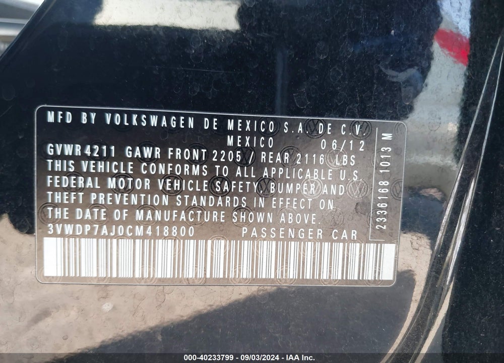 2012 VOLKSWAGEN JETTA 2.5L SE VIN: 3VWDP7AJ0CM418800