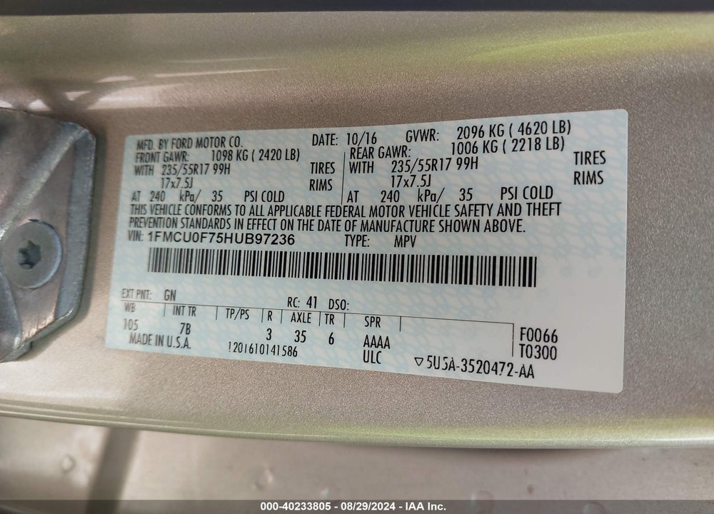 2017 FORD ESCAPE S VIN: 1FMCU0F75HUB97236