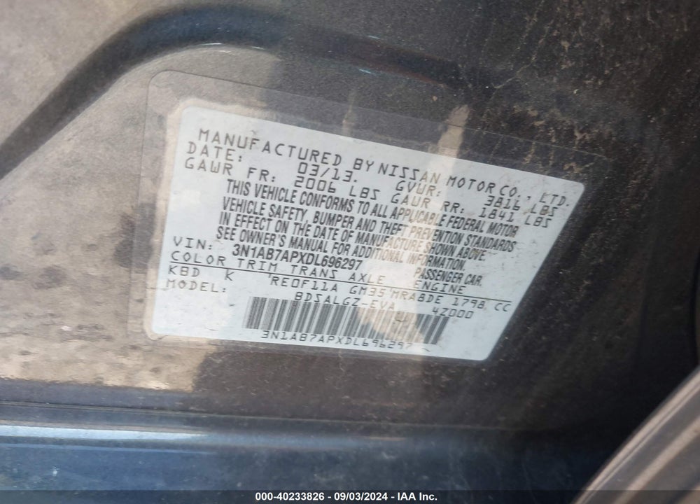 2013 NISSAN SENTRA SL VIN: 3N1AB7APXDL696297