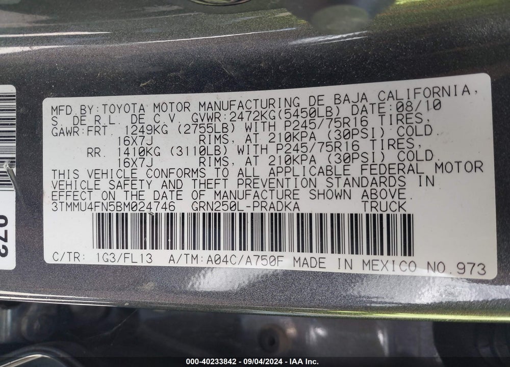 2011 TOYOTA TACOMA BASE V6 VIN: 3TMMU4FN5BM024746