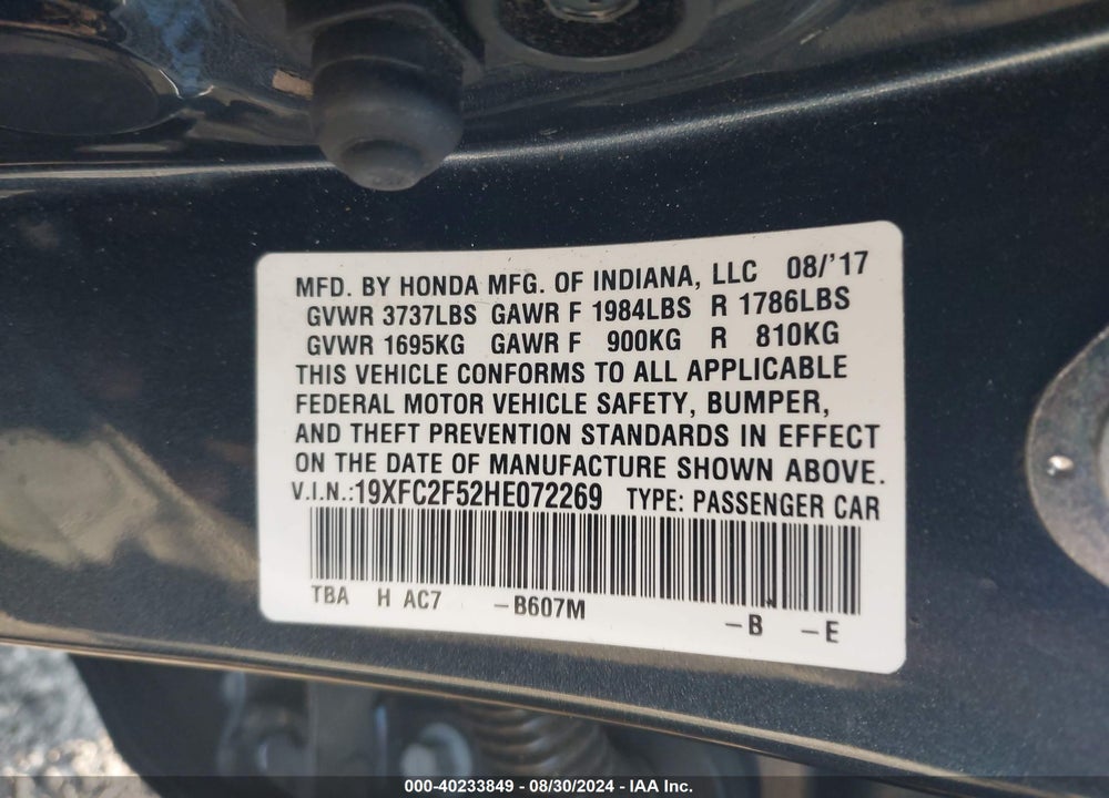 2017 HONDA CIVIC LX VIN: 19XFC2F52HE072269