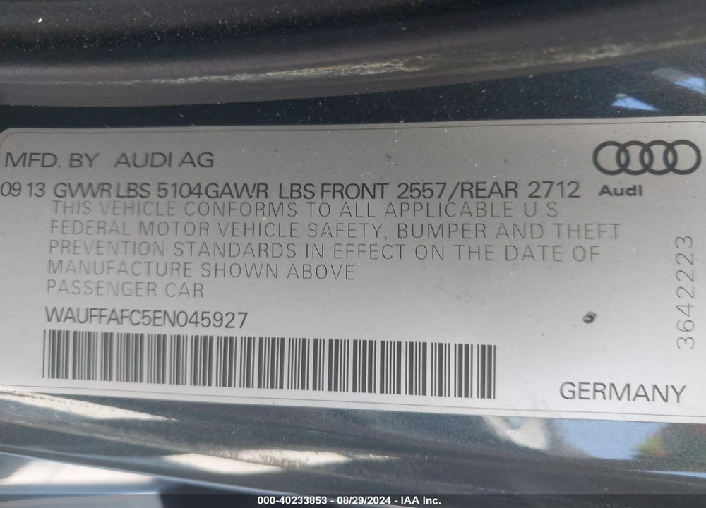 2014 AUDI A6 2.0T PREMIUM VIN: WAUFFAFC5EN045927
