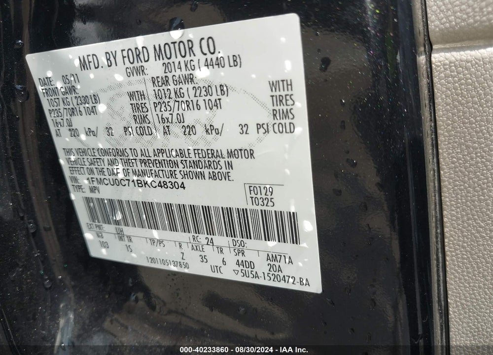 2011 FORD ESCAPE XLS VIN: 1FMCU0C71BKC48304