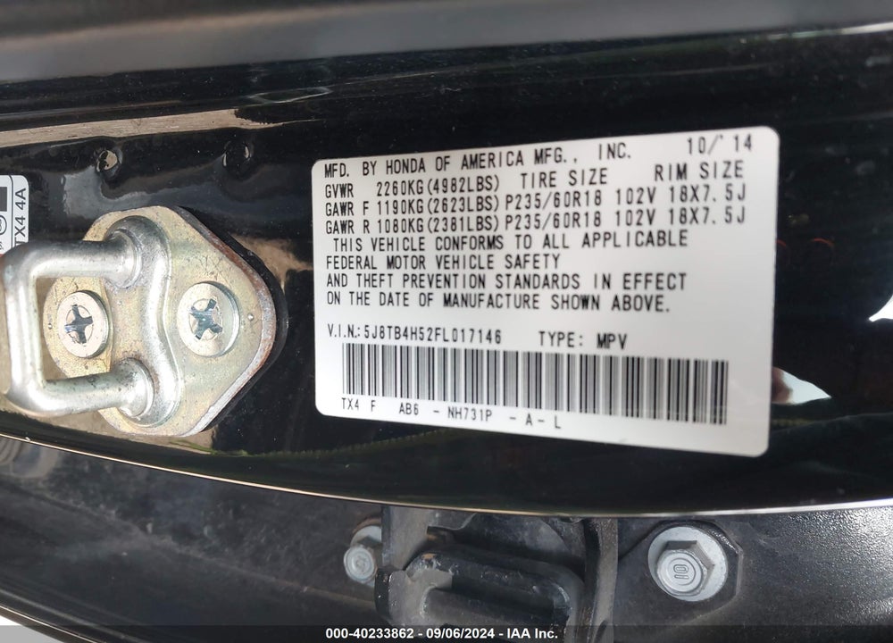 2015 ACURA RDX VIN: 5J8TB4H52FL017146