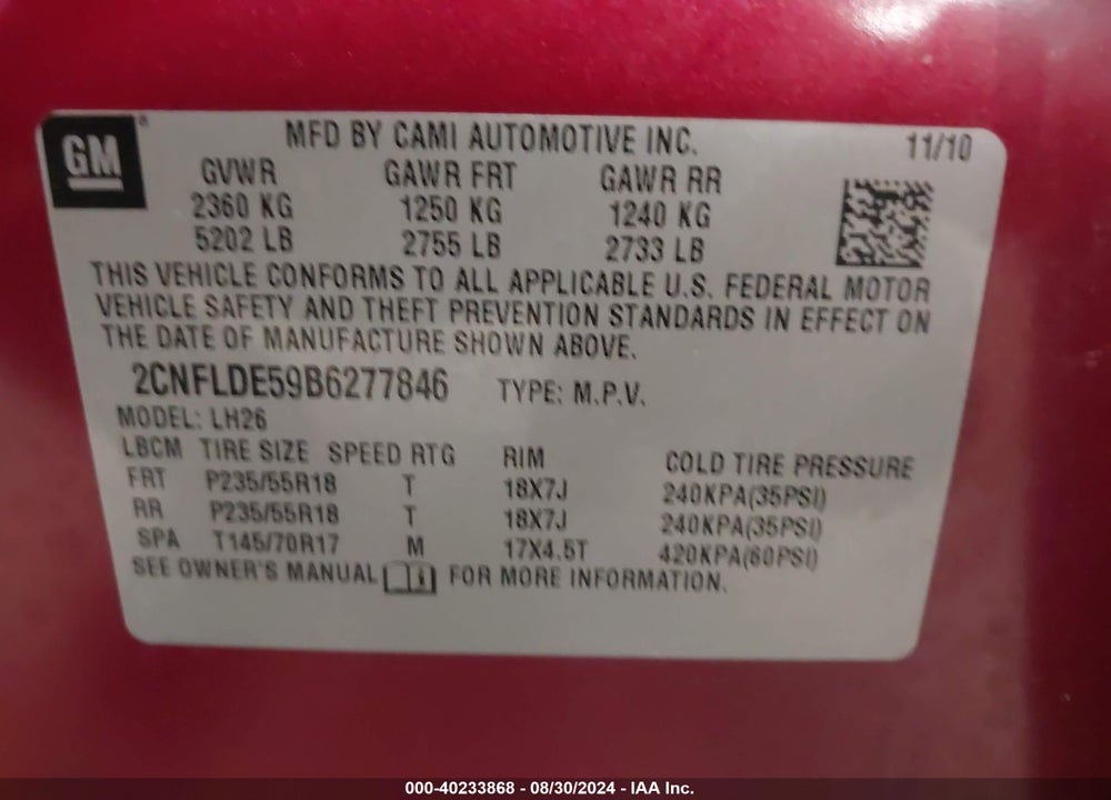 2011 CHEVROLET EQUINOX 1LT VIN: 2CNFLDE59B6277846