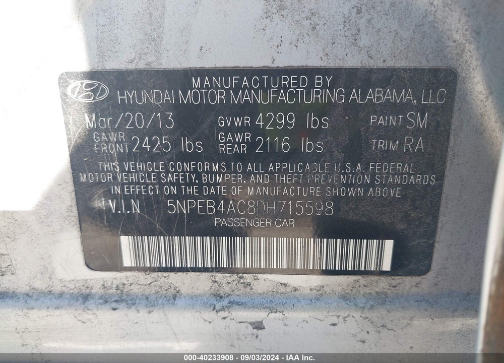 2013 HYUNDAI SONATA GLS VIN: 5NPEB4AC8DH715598