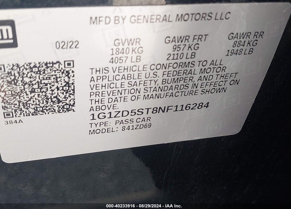 2022 CHEVROLET MALIBU FWD LT VIN: 1G1ZD5ST8NF116284
