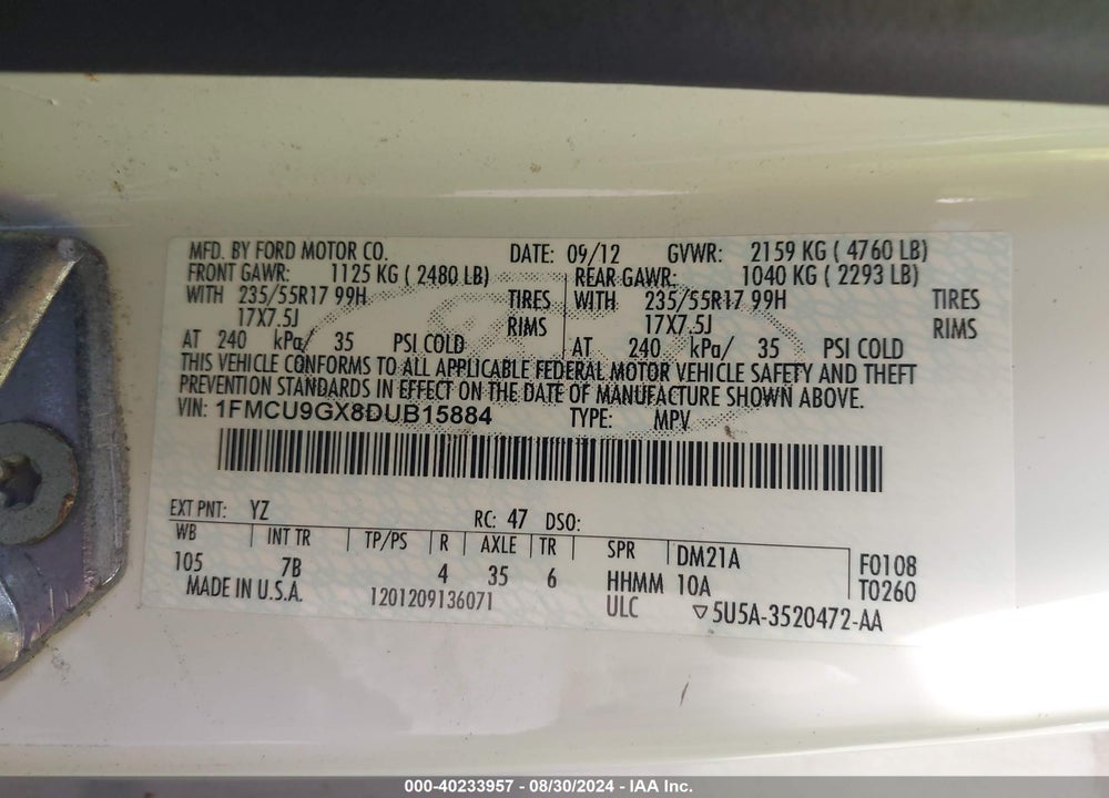 2013 FORD ESCAPE SE VIN: 1FMCU9GX8DUB15884