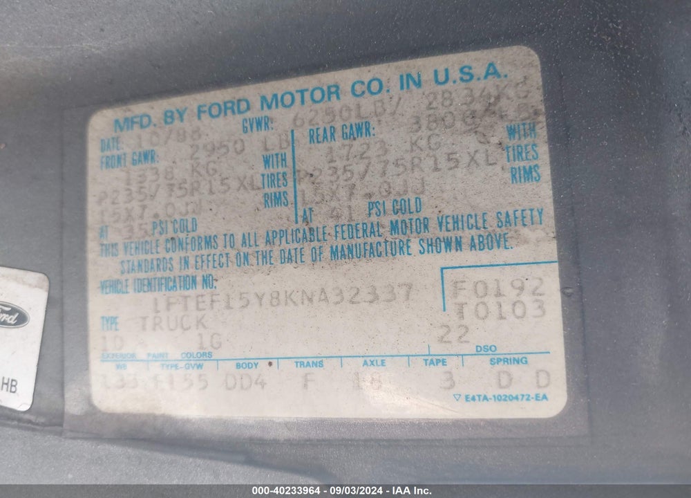 1989 FORD F150 VIN: 1FTEF15Y8KNA32337