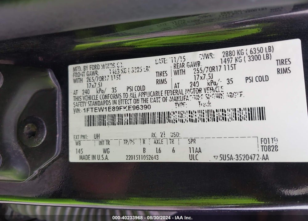 2015 FORD F-150 XL VIN: 1FTEW1E89FKE96390