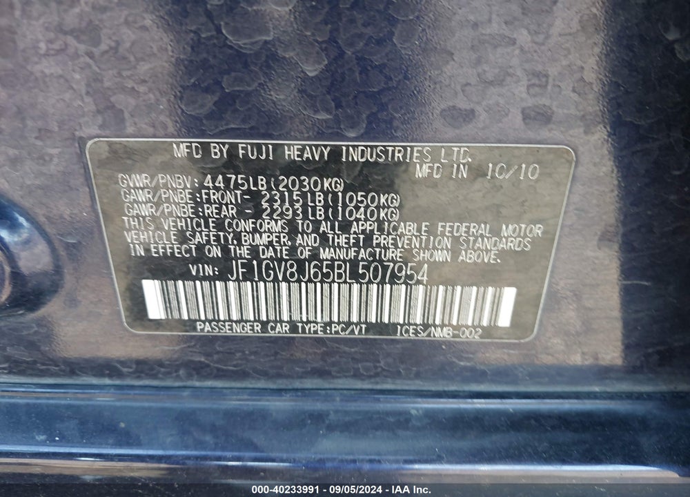 2011 SUBARU IMPREZA WRX STI VIN: JF1GV8J65BL507954