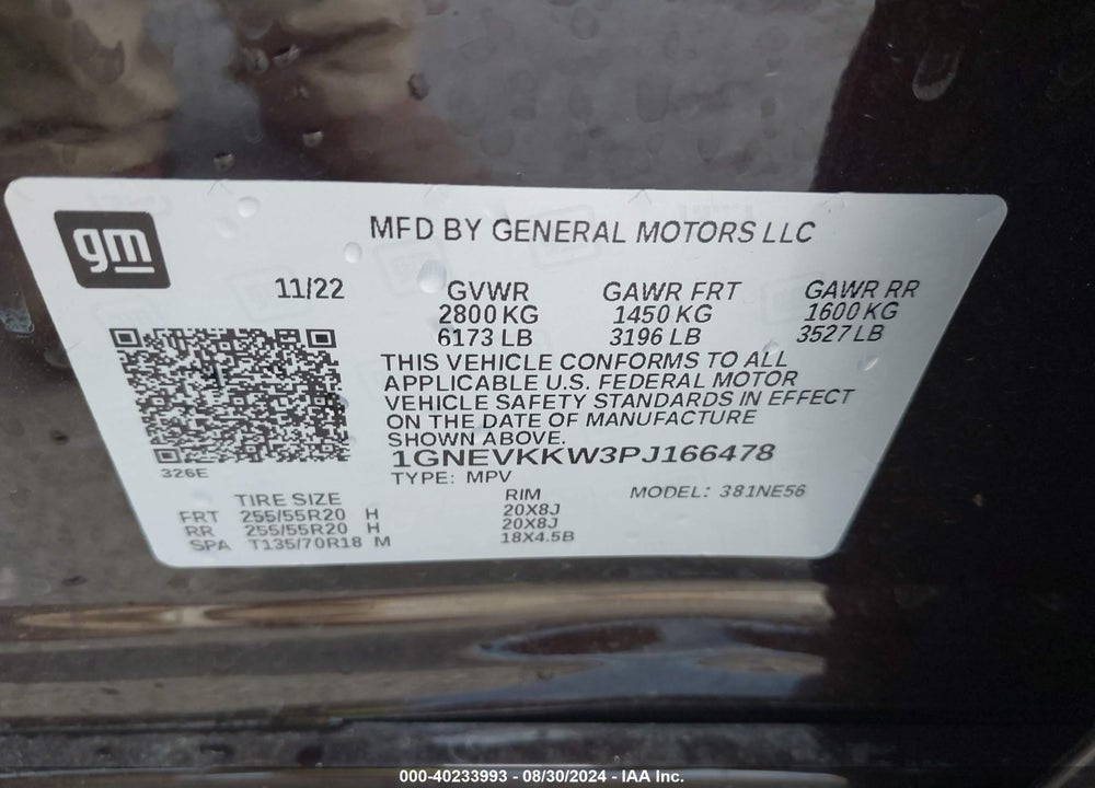 2023 CHEVROLET TRAVERSE AWD PREMIER VIN: 1GNEVKKW3PJ166478