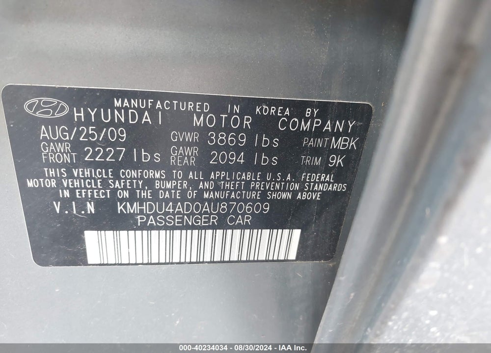 2010 HYUNDAI ELANTRA VIN: KMHDU4AD0AU870609