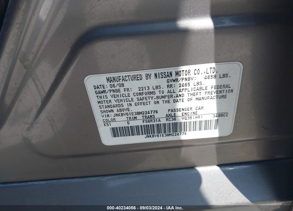 2008 INFINITI G35 SPORT VIN: JNKBV61E38M224776