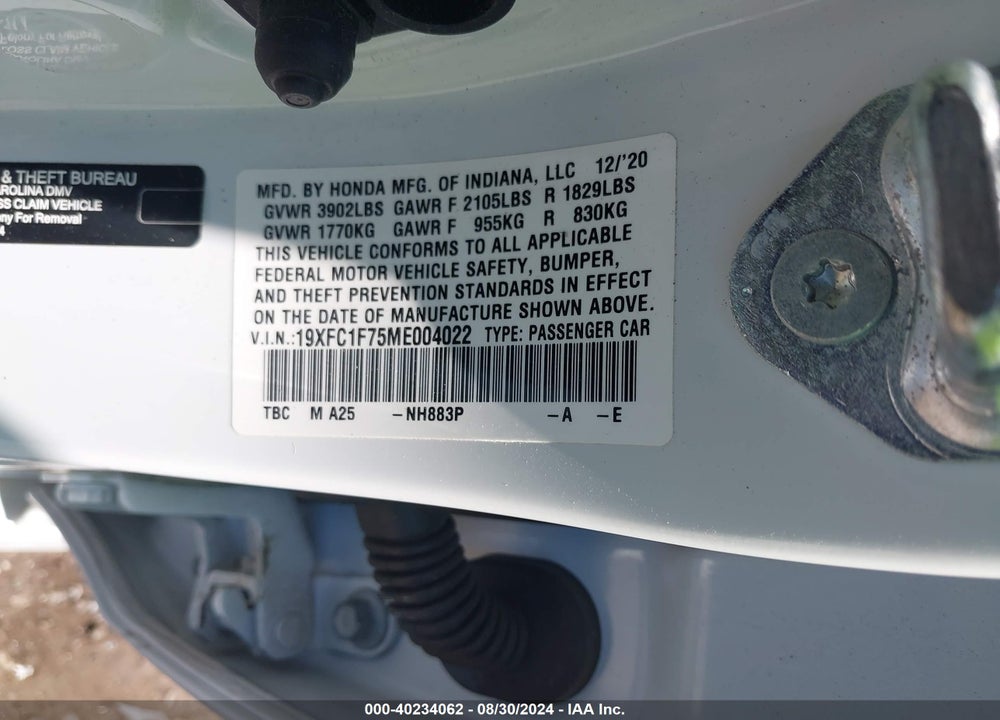 2021 HONDA CIVIC EX-L VIN: 19XFC1F75ME004022