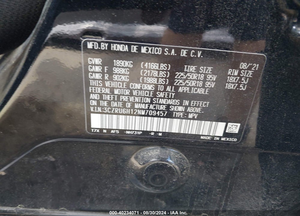 2022 HONDA HR-V AWD SPORT VIN: 3CZRU6H12NM709457