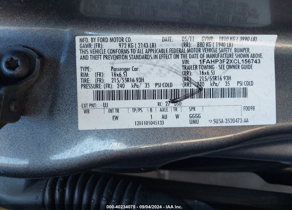 2012 FORD FOCUS SE VIN: 1FAHP3F2XCL156743