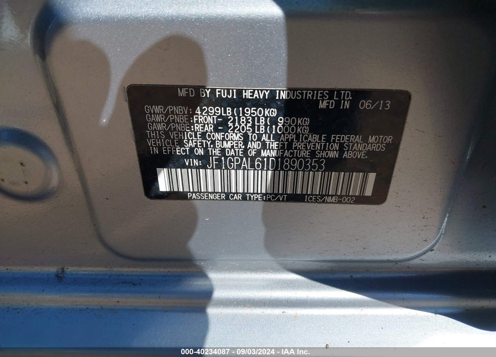 2013 SUBARU IMPREZA VIN: JF1GPAL61D1890353