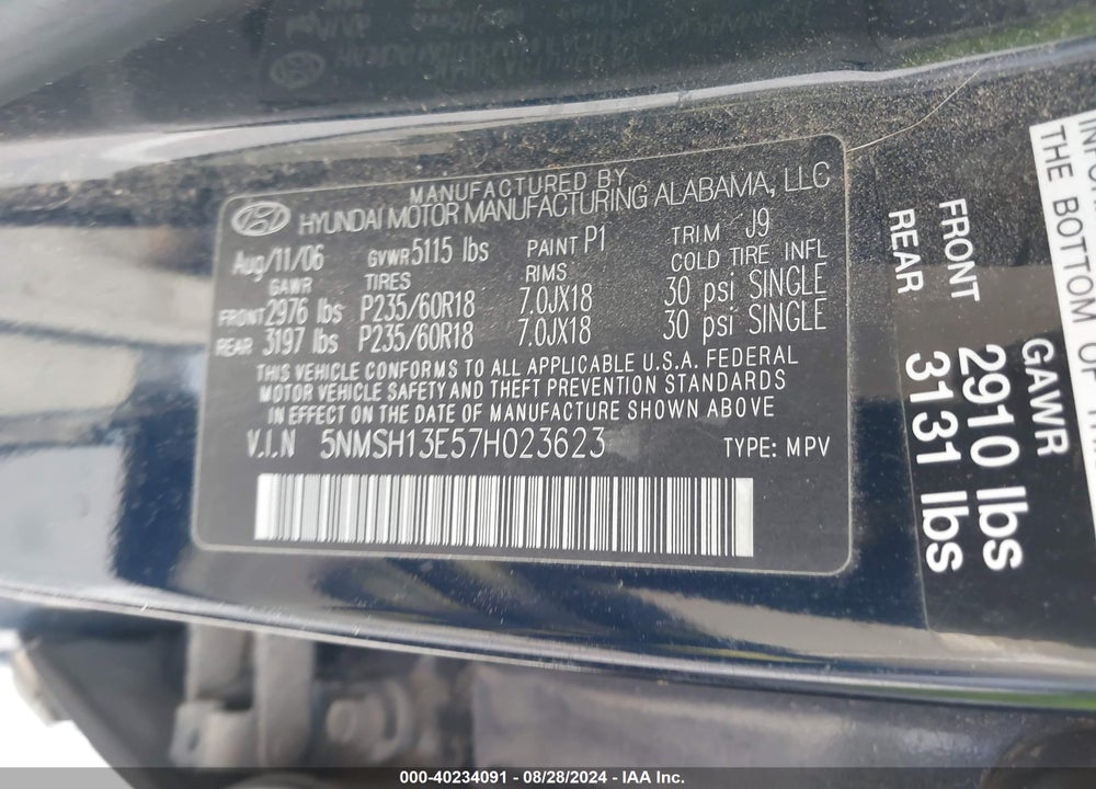 2007 HYUNDAI SANTA FE LIMITED/SE VIN: 5NMSH13E57H023623