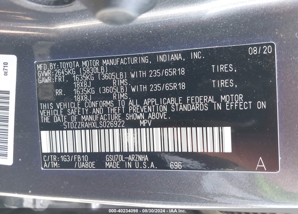2020 TOYOTA HIGHLANDER LE VIN: 5TDZZRAHXLS026922