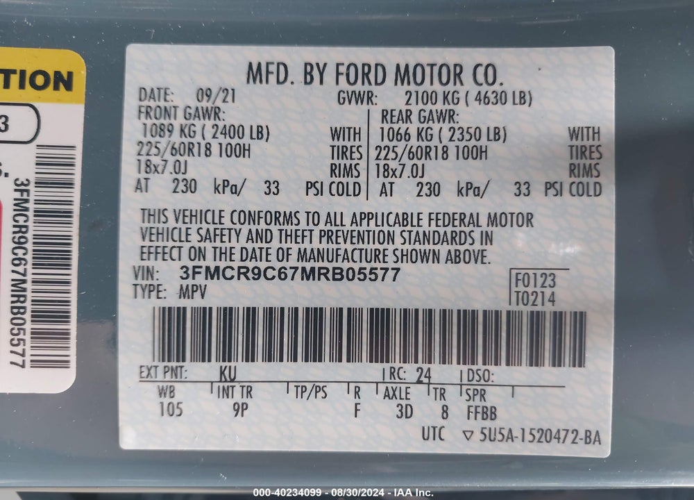 2021 FORD BRONCO SPORT OUTER BANKS VIN: 3FMCR9C67MRB05577