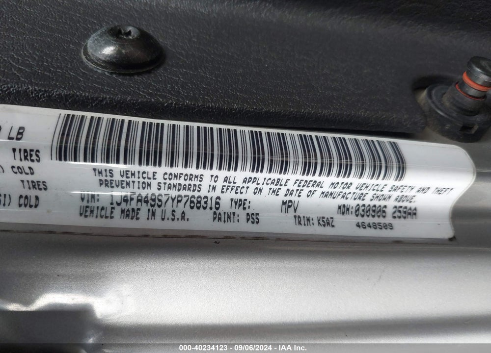 2000 JEEP WRANGLER SPORT VIN: 1J4FA49S7YP768316
