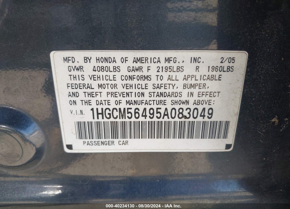 2005 HONDA ACCORD 2.4 LX VIN: 1HGCM56495A083049