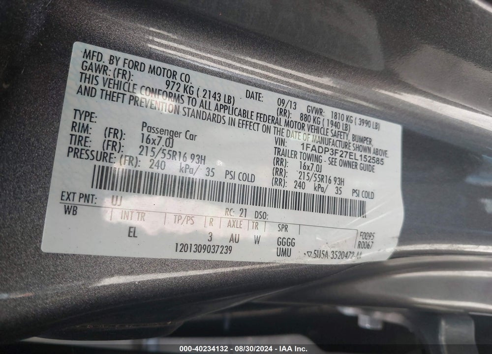 2014 FORD FOCUS SE VIN: 1FADP3F27EL152585