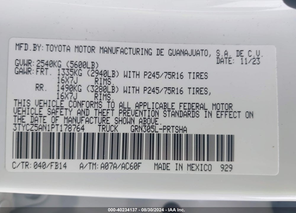 2023 TOYOTA TACOMA SR V6 VIN: 3TYCZ5AN1PT178764