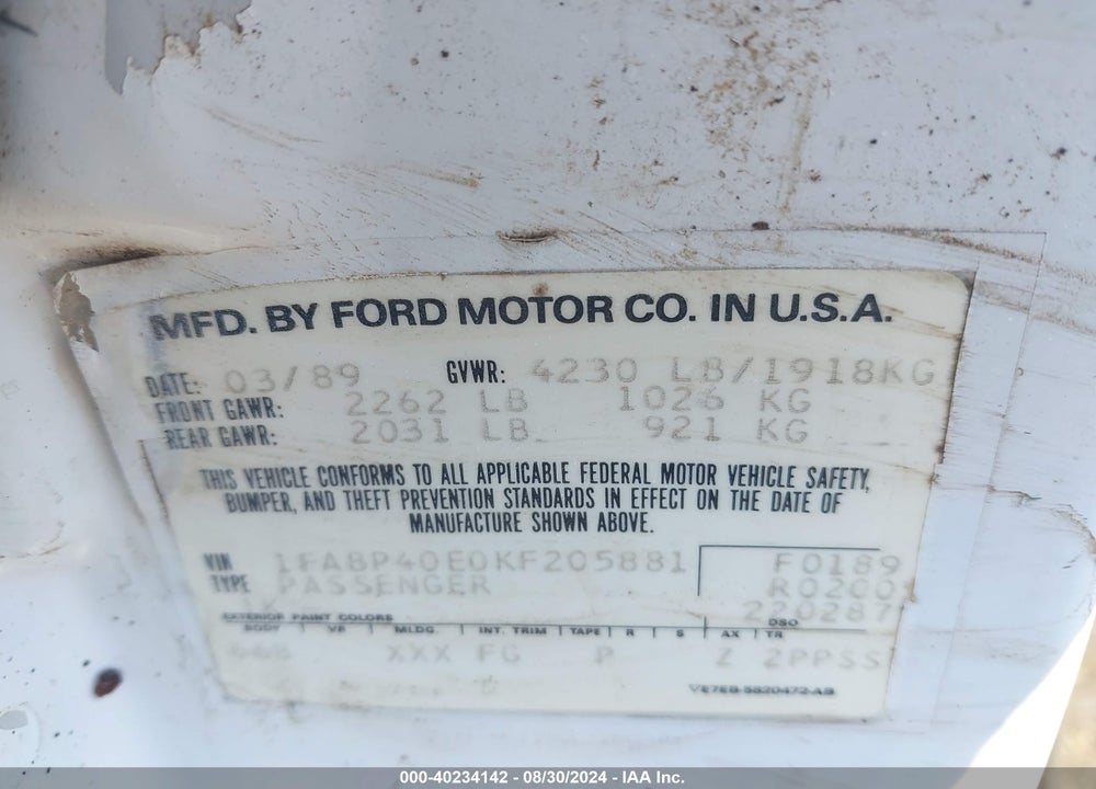 1989 FORD MUSTANG LX VIN: 1FABP40E0KF205881