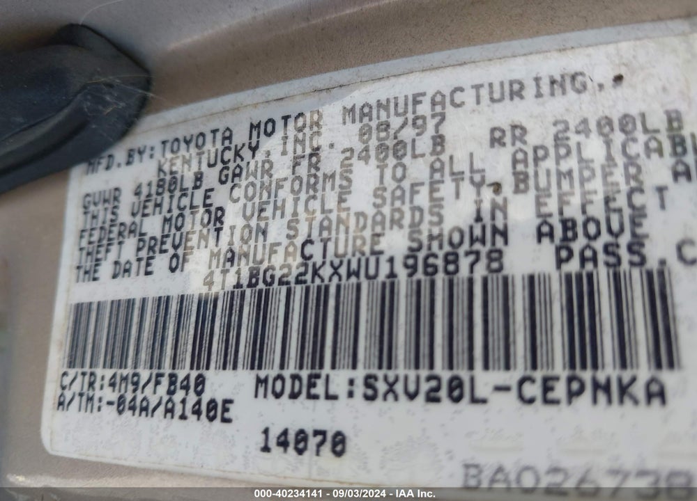 1998 TOYOTA CAMRY VIN: 4T1BG22KXWU196878