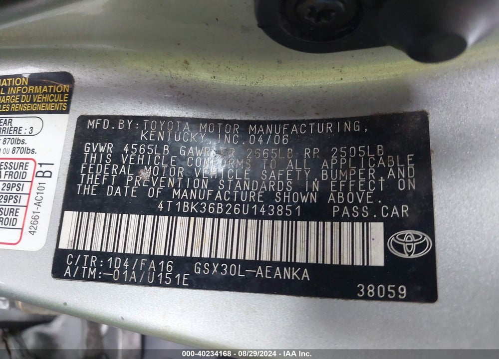 2006 TOYOTA AVALON XL VIN: 4T1BK36B26U143851