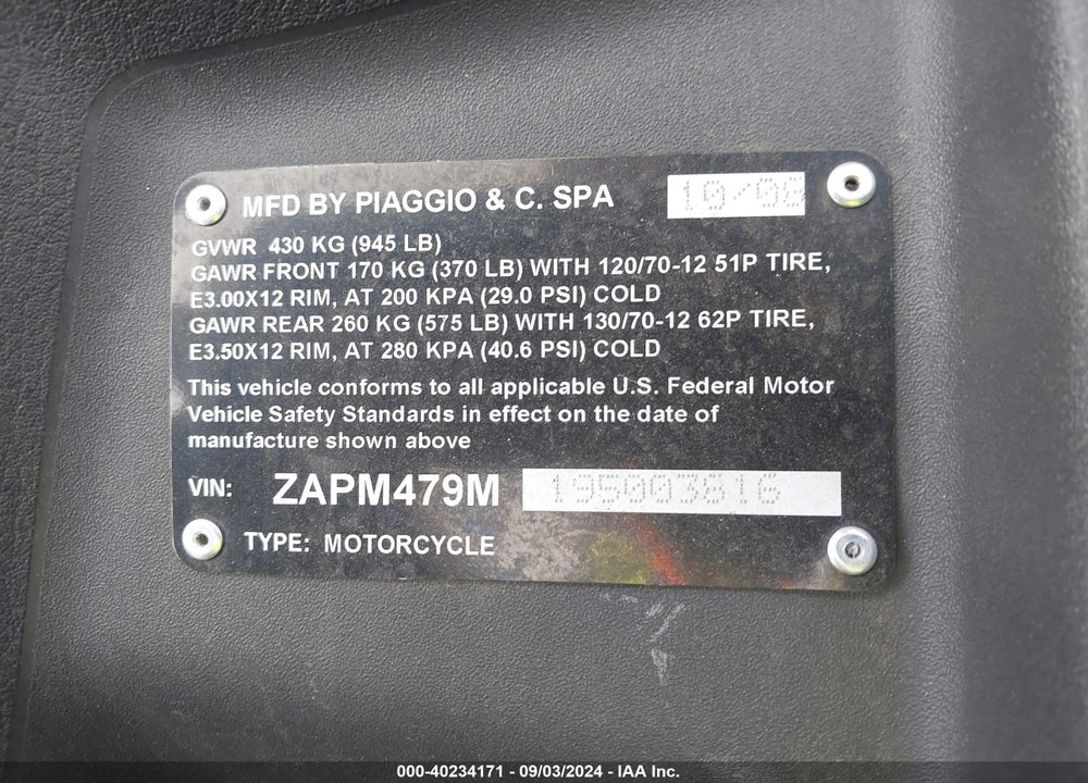 2009 PIAGGIO MP3 250 VIN: ZAPM479M195003816