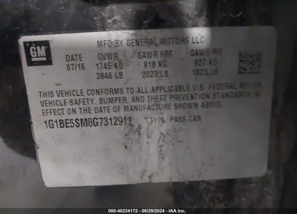 2016 CHEVROLET CRUZE LT AUTO VIN: 1G1BE5SM8G7312911